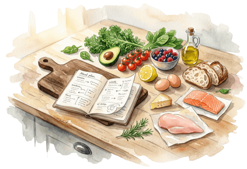 Watercolor illustration of a kitchen countertop with a meal planning journal, cutting board, and whole foods including leafy greens, salmon, chicken, eggs, berries, avocado, and olive oil
